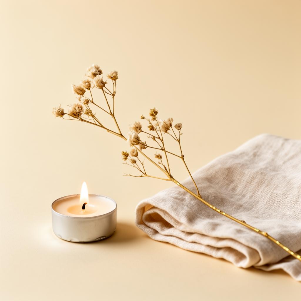 Vela acesa ao lado de flores secas e tecido de linho