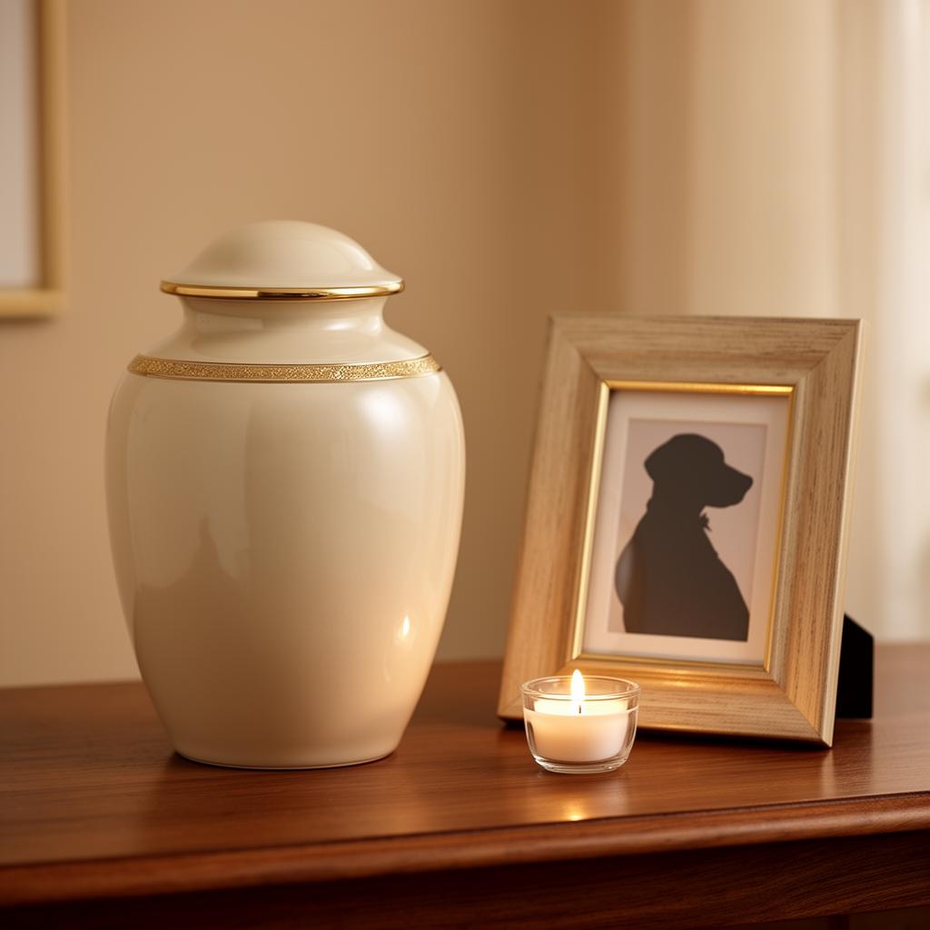 Urna memorial em cerâmica clara com porta-retrato